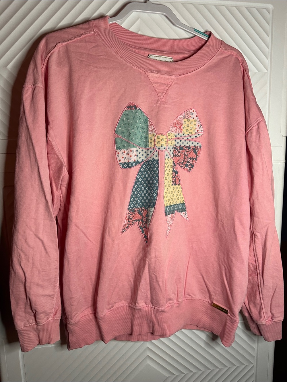 Simply Southern Pink Crewneck with Patchwork Bow
